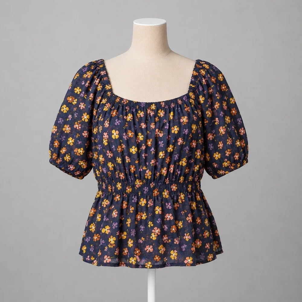 Ditsy Floral Smocked Puff Sleeve Peasant Top Sz M Navy Cottagecore Prairie Boho